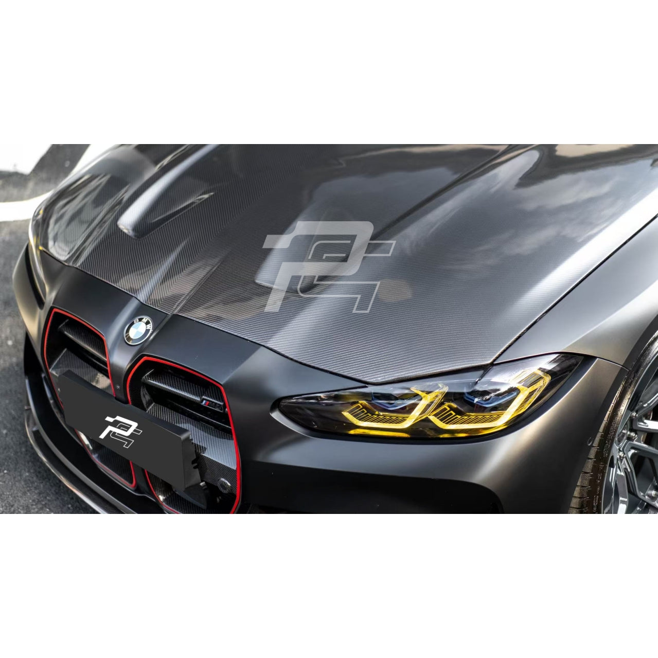 BMW M4 G82 black CSL carbon fiber hood installed front view exterior upgrade